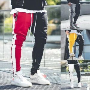   Men Color Block Street Patchwork Sport Pants Zippers Elastic Casual Pencil Pants